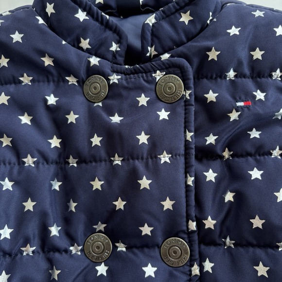 Tommy Hilfiger Snap Up Puffer Vest Girl's 6 Blue Shiny Silver Stars Logo - Picture 3 of 5